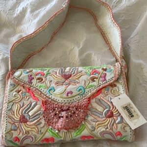 NWT CHARLOTTE RONSON PURSE LEATHER AND EMBROIDERY COLORS ARE LIGHTER THAN PIX